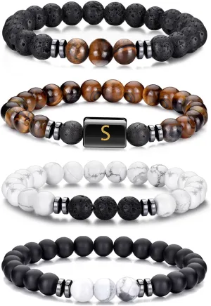 4 PCS Initial Beaded Bracelets for Men Women-8mm Natural Stone Tiger Eye/Lava Rock/Obsidian Stretch Bracelet Jewelry Gifts