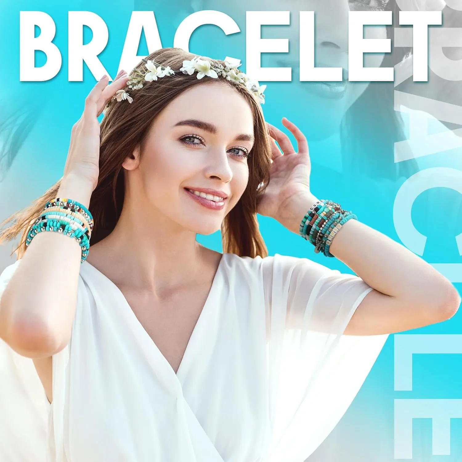 64 Pcs Western Cowgirl Turquoise Beaded Bracelets Set Bohemia Stretch Charm Natural Stackable Bracelet Summer Beach Western Jewelry for Women Men Unisex