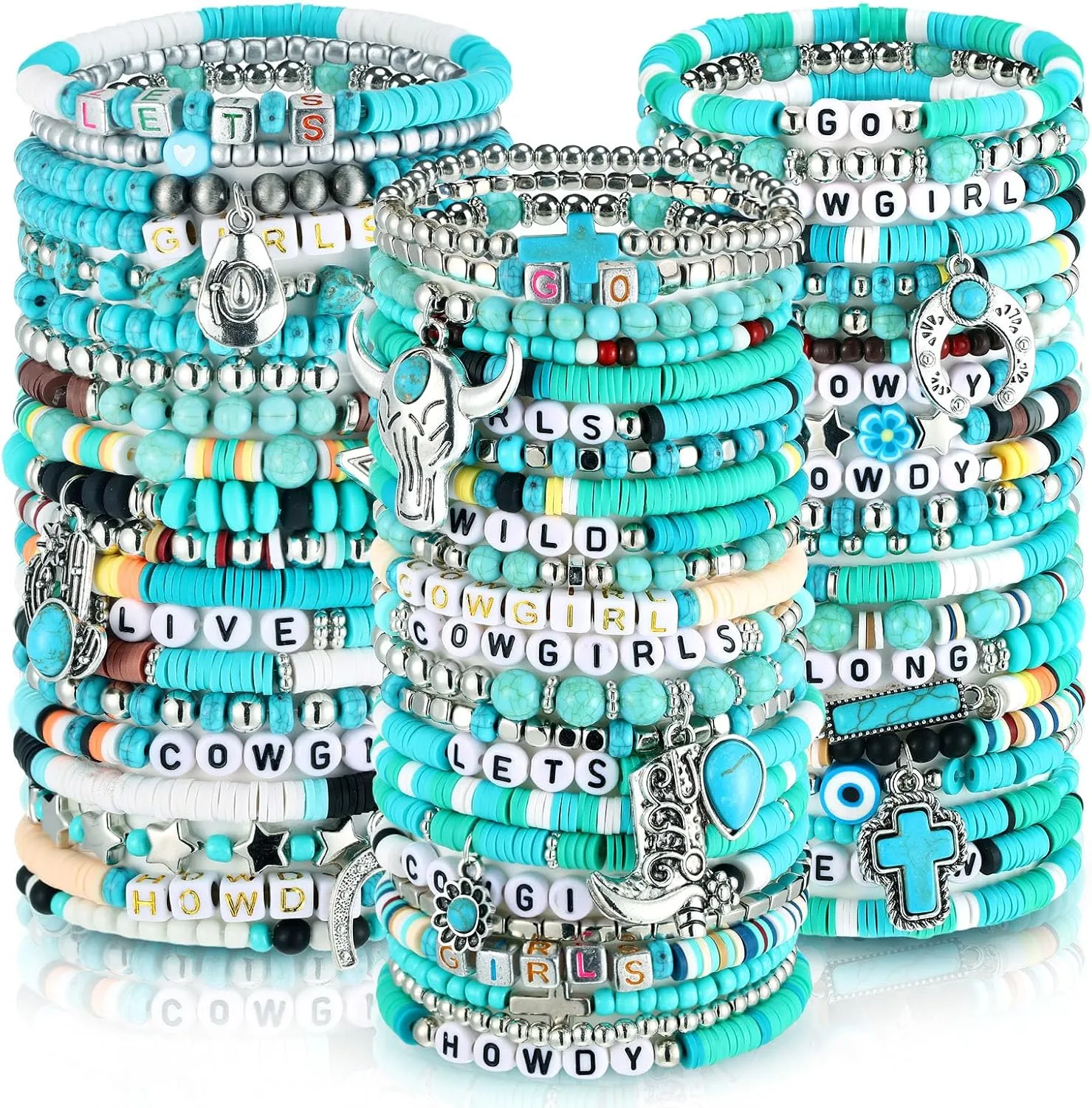 64 Pcs Western Cowgirl Turquoise Beaded Bracelets Set Bohemia Stretch Charm Natural Stackable Bracelet Summer Beach Western Jewelry for Women Men Unisex