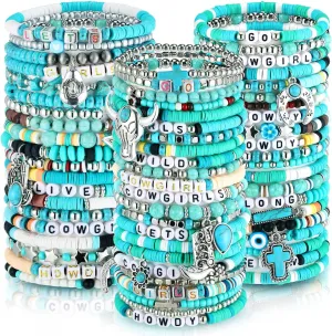 64 Pcs Western Cowgirl Turquoise Beaded Bracelets Set Bohemia Stretch Charm Natural Stackable Bracelet Summer Beach Western Jewelry for Women Men Unisex