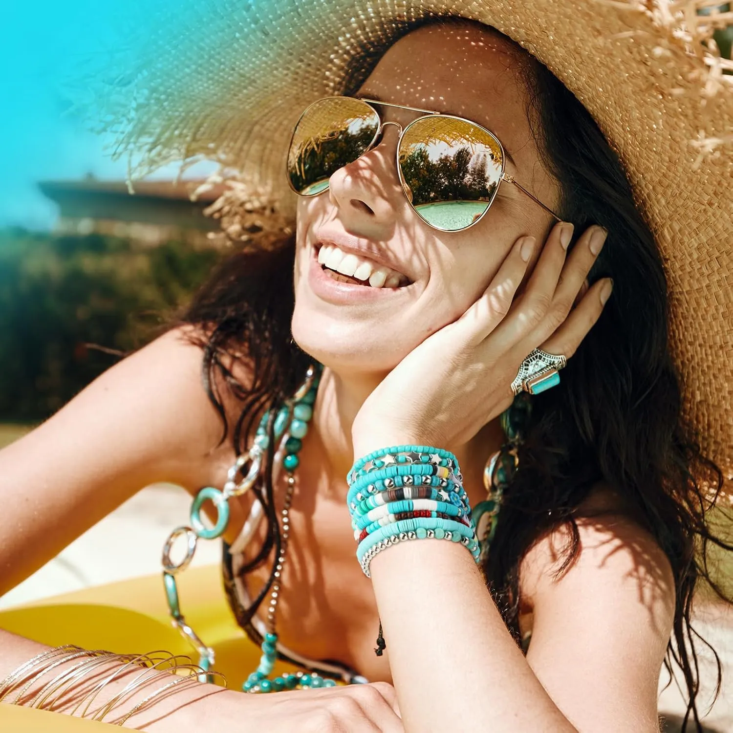 64 Pcs Western Cowgirl Turquoise Beaded Bracelets Set Bohemia Stretch Charm Natural Stackable Bracelet Summer Beach Western Jewelry for Women Men Unisex