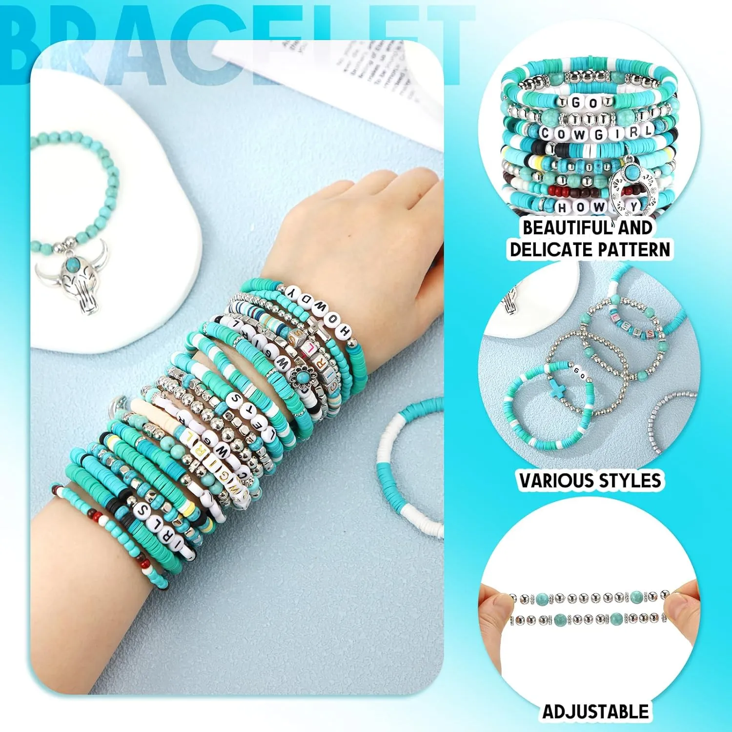 64 Pcs Western Cowgirl Turquoise Beaded Bracelets Set Bohemia Stretch Charm Natural Stackable Bracelet Summer Beach Western Jewelry for Women Men Unisex
