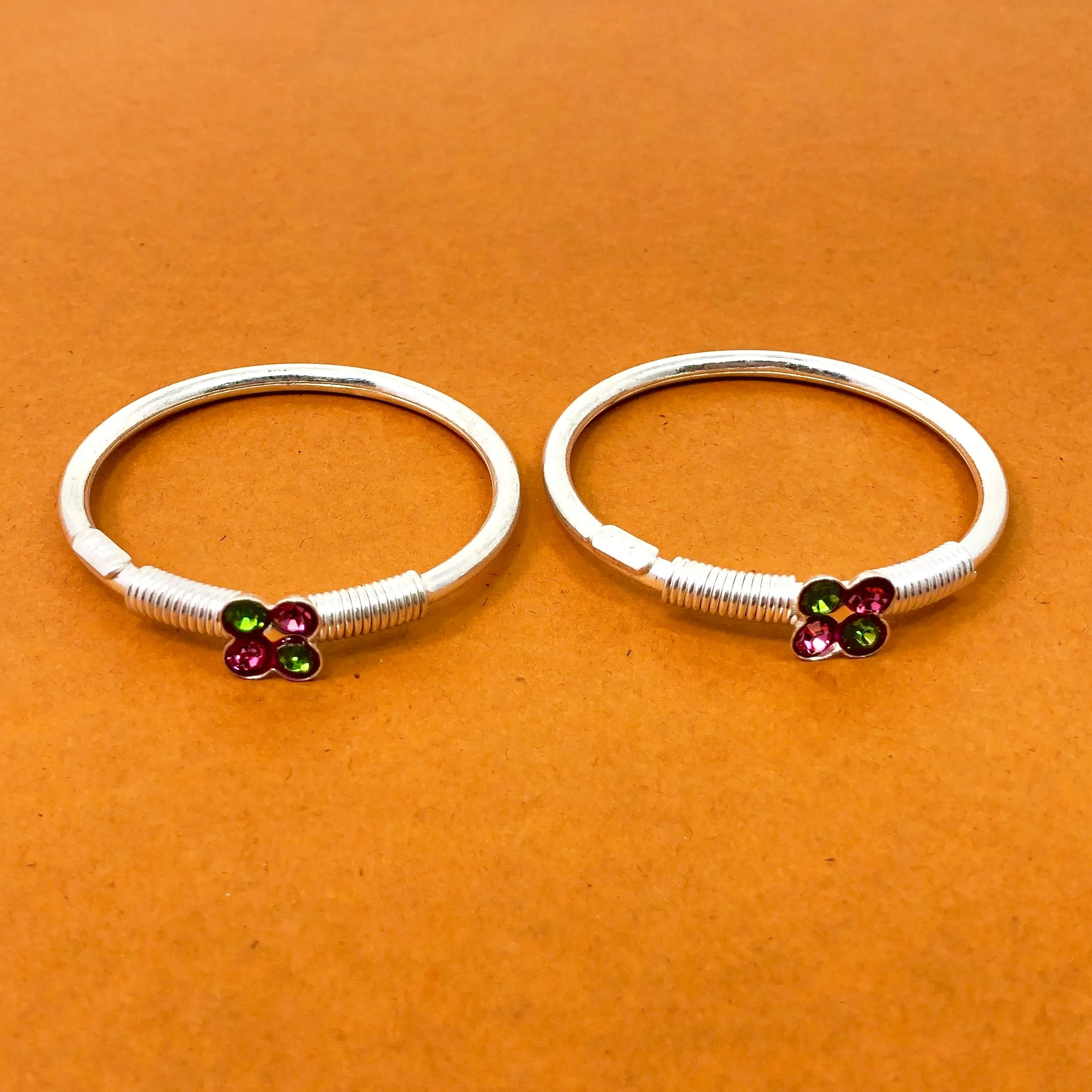 925 Silver Unisex Green and Pink Designer Baby Bangle Set (Design 31)