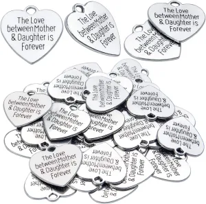 Aylifu 30pcs Heart-shaped Charms with Message 'The Love Between Mother & Daughter is Forever' Crafts Supplies Jewelry Findings for Bracelet Necklace Keychain Pendants