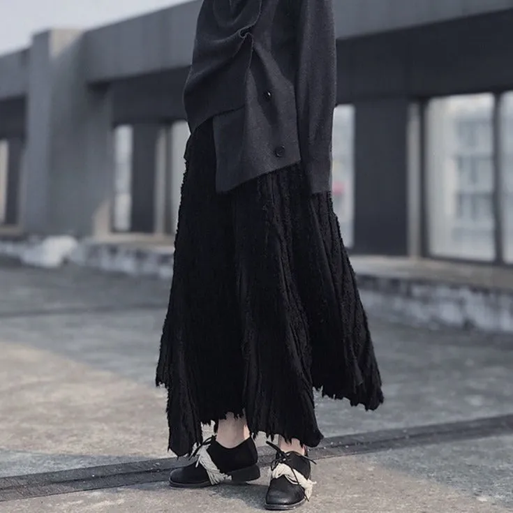 Casual Minimal Goth Pleated Design Maxi Skirt
