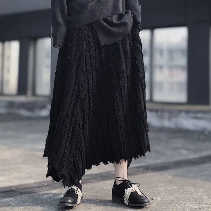 Casual Minimal Goth Pleated Design Maxi Skirt