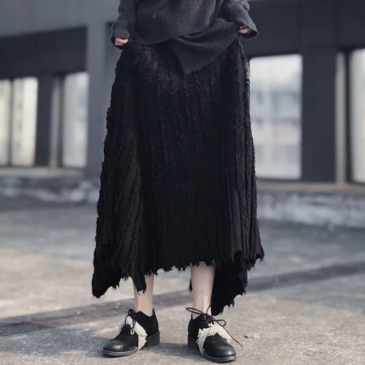 Casual Minimal Goth Pleated Design Maxi Skirt