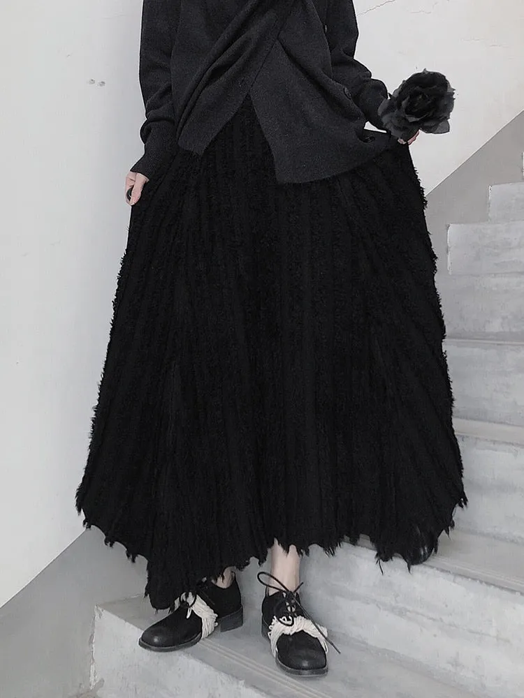 Casual Minimal Goth Pleated Design Maxi Skirt