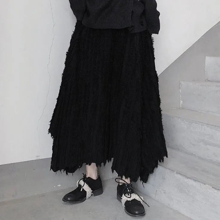 Casual Minimal Goth Pleated Design Maxi Skirt