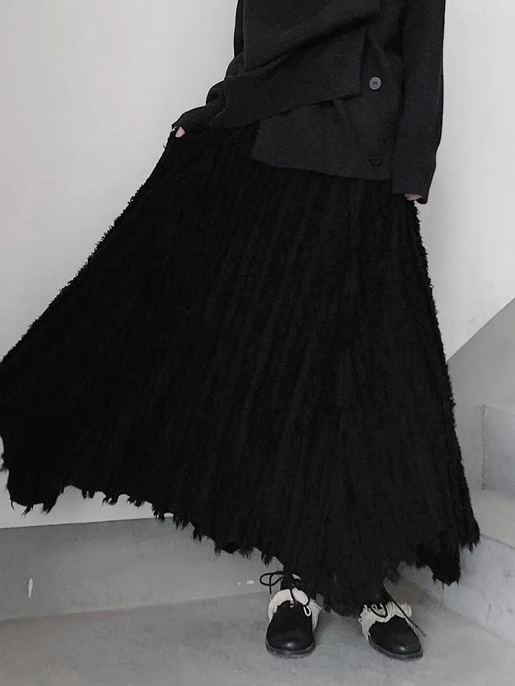 Casual Minimal Goth Pleated Design Maxi Skirt