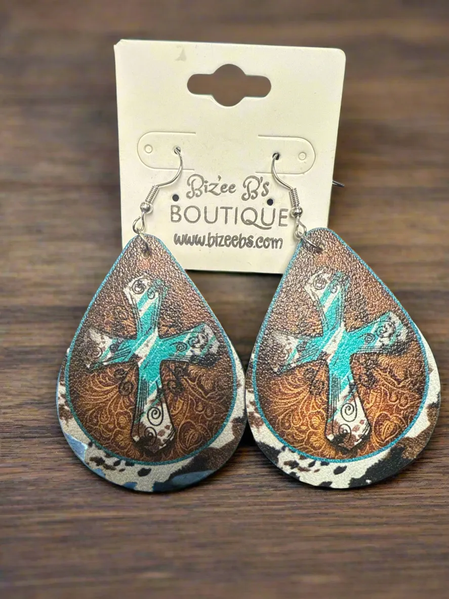 Cow Print and Turquoise Cross Teardrop Earrings