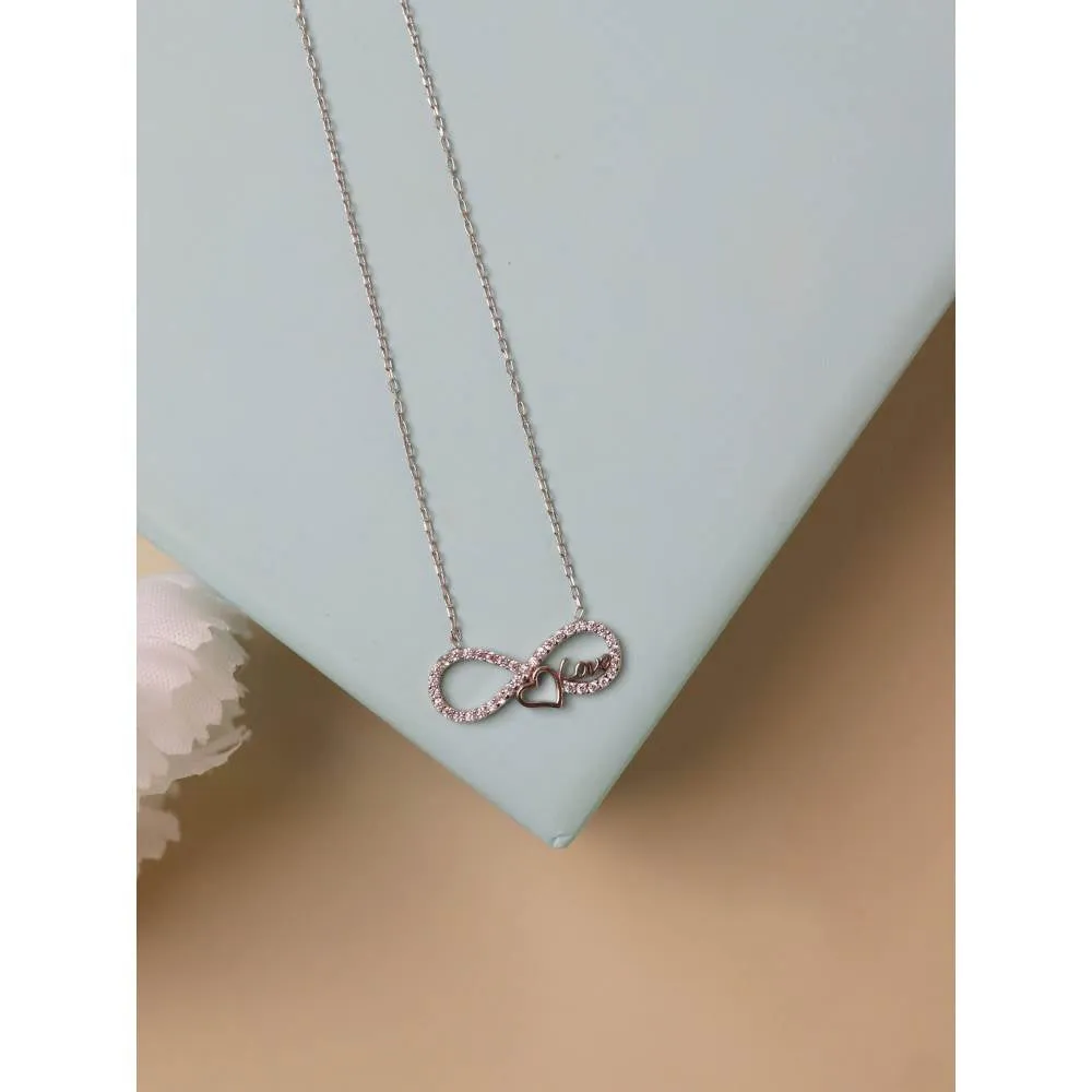Curio Cottage Pure Silver Infinity Heart Necklace Embellished with Cubic Zirconia Stones
