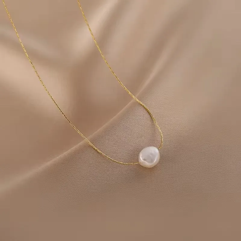 Cute Charms Natural Minimalist Freshwater Pearl Chain Pendant Necklace