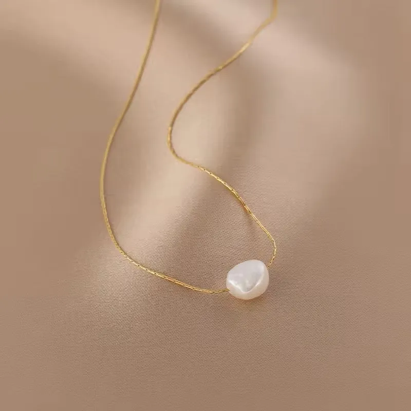 Cute Charms Natural Minimalist Freshwater Pearl Chain Pendant Necklace