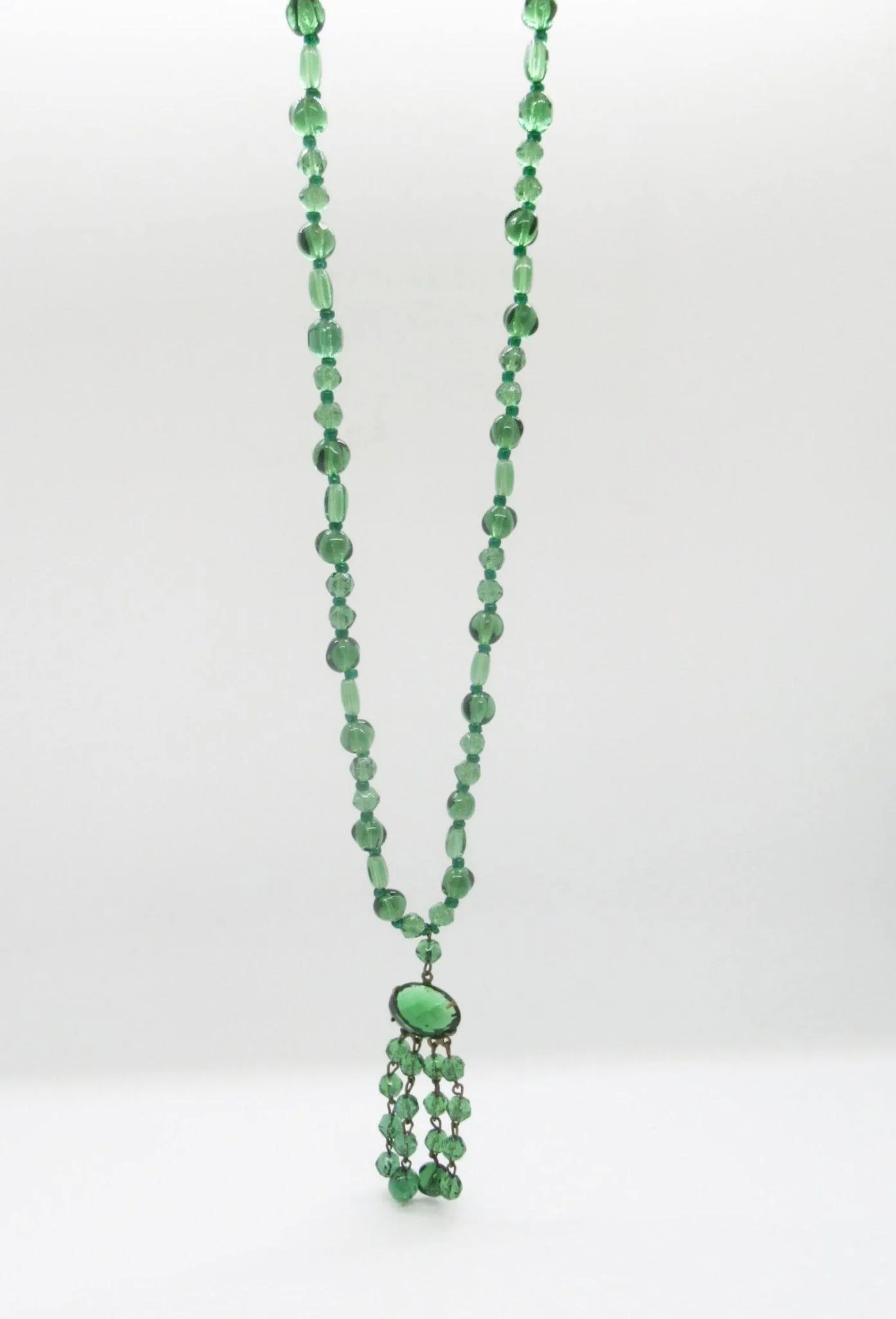 Lovely Long Deco Green Beaded Necklace with Drops