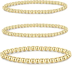 MOROTOLE 5PCS 14K Gold Plated Bracelets Set for Women Men Adjustable Hypoallergenic Stackable Stretch Bracelet Cuban Chunky Flat Link Chain Beaded Punk Gold Bracelets Jewelry Gifts for Women