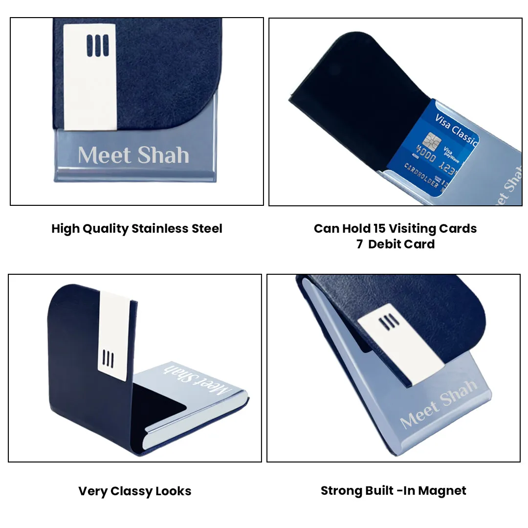 Personalized Gift Set - Mini Diary, Tumbler, Metal Pen, Keychain, and Leather Cardholder (Blue)